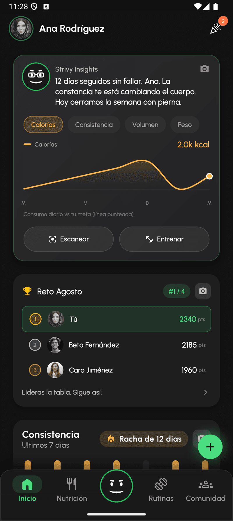 Pantalla de inicio de la app StriveUp: Strivy Insights, reto mensual y racha de consistencia